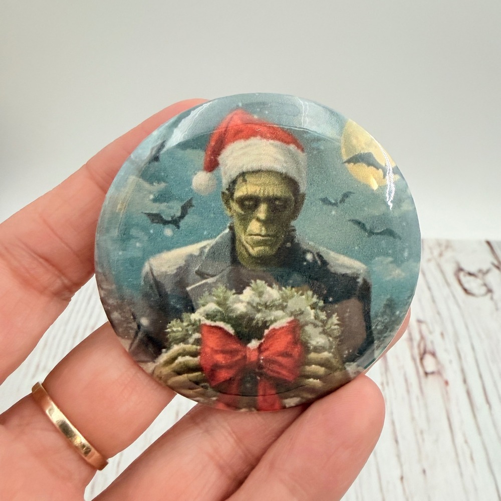 Handmade Frankenstein Santa Hat Christmas Wreath Magnet Spooky Holiday Decor